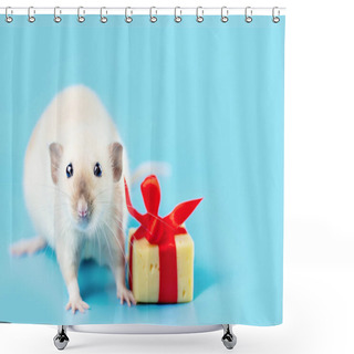 Personality  Cute Decorative Rat With Cheese Gift And Red Bow On A Blue Background Shower Curtains
