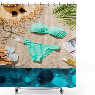Personality  Top View Of Stylish Blue Bikini With Various Accessories And Magazine On Sandy Beach Shower Curtains