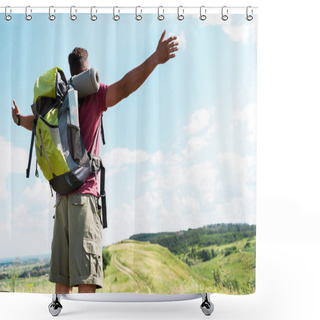 Personality  Tourist With Backpack Standing With Outstretched Hands On Summer Meadow With Cloudy Sky Shower Curtains
