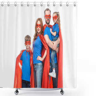 Personality  Super Family In Masks And Cloaks Looking At Camera Isolated On White  Shower Curtains