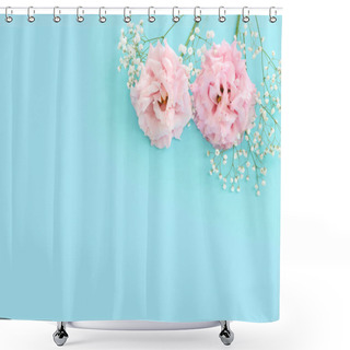 Personality  Top View Image Of Delicate Lisianthus Flowers Over Pastel Blue Background Shower Curtains