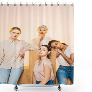 Personality  Four Beautiful Multicultural Women With Makeup Looking At Camera Isolated On Beige  Shower Curtains