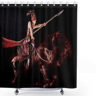 Personality  Young Asian Model In National Clothes Of The Nomads Possing  In The Saddle Shower Curtains