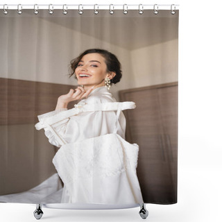 Personality  Joyful Bride With Brunette Hair In White Silk Robe Holding Soft Hanger With Elegant Wedding Dress And Smiling In Bedroom Of Hotel Room, Special Occasion, Gorgeous Woman  Shower Curtains
