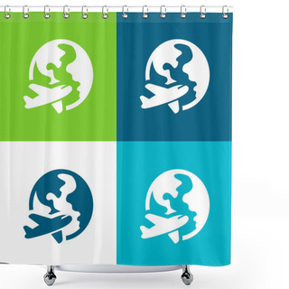 Personality  Airplane Around Earth Flat Four Color Minimal Icon Set Shower Curtains