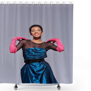 Personality  Positive African American Woman In Cocktail Dress And Pink Gloves Touching Shoulders And Looking At Camera Isolated On Grey, Modern Generation Z Fashion Concept Shower Curtains