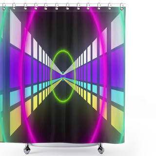 Personality  Image Of Colourful Neon Circles And Digital Tunnel On Black Background. Abstract Background, Retro Future And Pattern Concept Digitally Generated Image. Shower Curtains