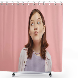 Personality  Positive And Curious Teenage Girl In Trendy Clothes Pouting Lips And Looking Away On Pink Backdrop Shower Curtains