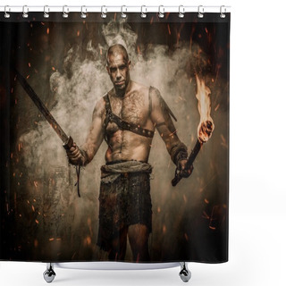Personality  Gladiator Standing In A Smoke With Torch And Sword Shower Curtains