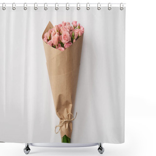 Personality  Bouquet Of Beautiful Pink Roses Wrapped In Craft Paper On Grey Shower Curtains