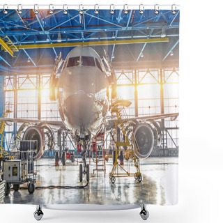 Personality  Civil Airplane Jet On Maintenance Of Engine And Fuselage Check Repair In Airport Hangar. Bright Light At The Gate. Shower Curtains
