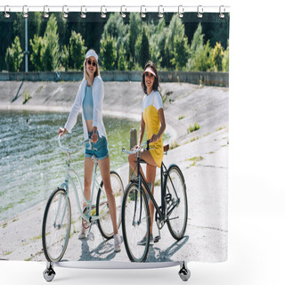 Personality  Happy Blonde And Brunette Girls Riding Bikes Near River In Summer Shower Curtains