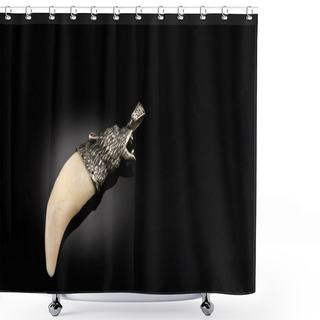 Personality  Large Carved Stylish Natural Decoration On The Neck, Amulet, Necklace, Pendant Made Of A Bear Fang, Mammoth Tusk, Walrus Bone With Silver Accessories. Jewelry On Black Background. Space For The Text. Shower Curtains