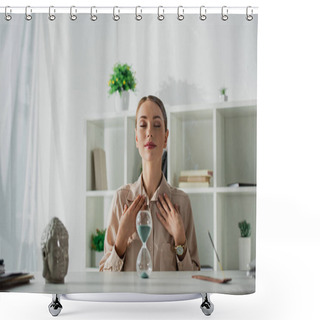 Personality  Attractive Tired Businesswoman Sitting At Workplace With Sand Clock And Buddha Head Shower Curtains