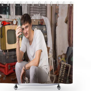 Personality  Drunk Man Holding Glass Bottle Looking At Camera Shower Curtains