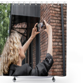 Personality  Blonde Real Estate Agent With Mobile Phone Taking Photo Of Modern House On City Street Shower Curtains