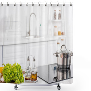 Personality  Fresh Ingredientes And Electric Stove With Saucepan On Kitchen Shower Curtains