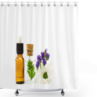 Personality  Bottles With Liquid Near Limonium And Chrysanthemum Flowers Isolated On White  Shower Curtains