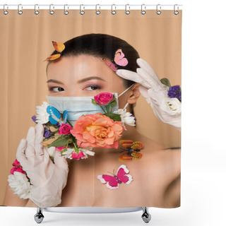 Personality  Beautiful Asian Woman In Latex Gloves And Floral Face Mask With Butterflies On Beige Shower Curtains