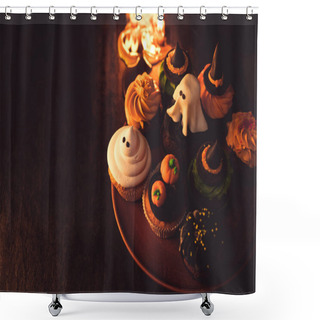 Personality  Halloween Cupcakes And Burning Candles  Shower Curtains