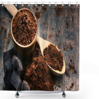 Personality  Composition With Bowl Of Cocoa Powder On Wooden Table Shower Curtains