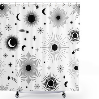 Personality  Hand Drawn Seamless Pattern Of Different Sun, Moon, Sunburst, Stars. Celestial Space Vector. Magic Space Galaxy Sketch Illustration For Greeting Card, Invitation, Wallpaper, Wrapping Paper, Fabric Shower Curtains