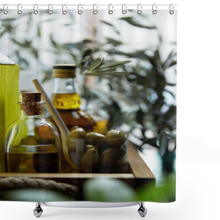 Personality  Close Up Image Of Glass With Spoon And Green Olives, Bottles Of Aromatic Olive Oil With And Branches On Wooden Tray Shower Curtains