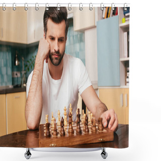 Personality  Selective Focus Of Thoughtful Man Sitting Near Chess On Chessboard On Table  Shower Curtains