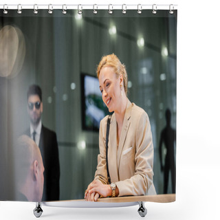 Personality  Cheerful Businesswoman Talking To Receptionist In Hotel, Hospitality Industry, Blonde And Polite Woman Communicating With Hotel Staff, Personal Security, Private Safety, Bodyguards On Background  Shower Curtains