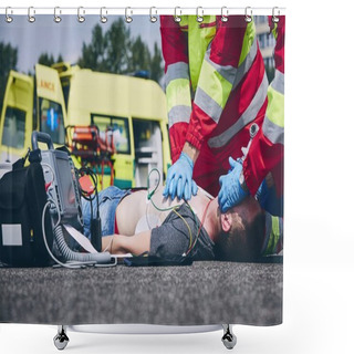 Personality  Cardiopulmonary Resuscitation. Rescue Team (doctor And A Paramedic) Resuscitating The Man On The Road. Shower Curtains