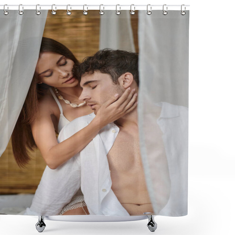 Personality  romantic couple, beautiful woman touching cheek of man and sitting in private pavilion, seduction shower curtains