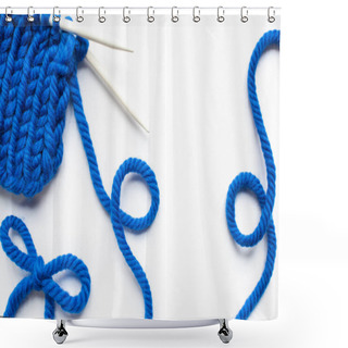 Personality  Blue Wool Yarn And Knitting Needles On White Background Shower Curtains