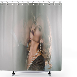 Personality  Attractive Woman Looking At Camera Near Handsome Gangster On White  Shower Curtains