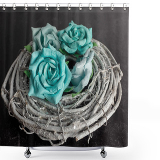 Personality  Teal Blue Paper Roses On Top Of A Gray Wooden Coiled Wreath With A Black Slate Background.  Simple And Elegant Home Decor. Shower Curtains