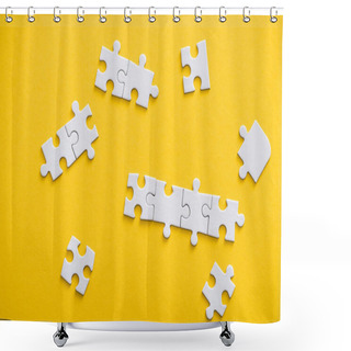 Personality  Top View Of Connected And Unfinished Puzzle Pieces Isolated On Yellow  Shower Curtains