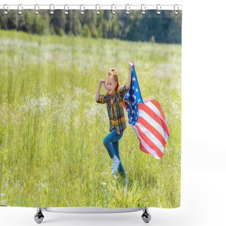 Personality  Child Running In Field With American Flag In Hands Shower Curtains