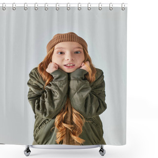 Personality  Girl In Winter Outfit With Knitted Hat Feeling Cold And Standing On Grey Backdrop, Looking At Camera Shower Curtains