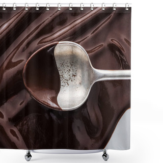 Personality  Close Up View Of Vintage Spoon Covered Of Chocolate On Melted Chocolate Background Shower Curtains