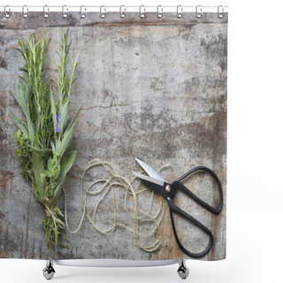 Personality  Bouquet Garni Herbs With String And Scissors On Grunge Timber Ba Shower Curtains