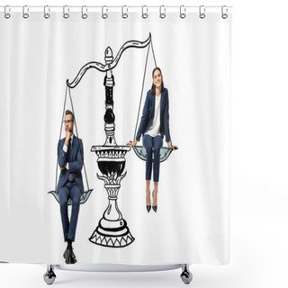 Personality  Businessman And Businesswoman Sitting On Balance Scales Isolated On White Shower Curtains