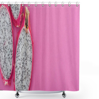Personality  Panoramic Shot Of Exotic Ripe Dragon Fruit Halves On Pink Background Shower Curtains