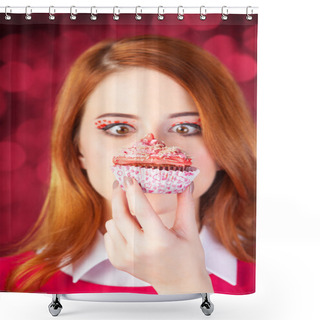 Personality  Redhead Girl With Cake. Shower Curtains