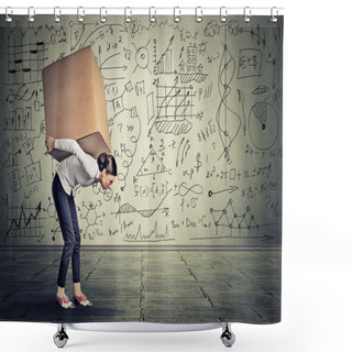 Personality  Woman Carrying Heavy Box Walking Along Gray Wall  Shower Curtains