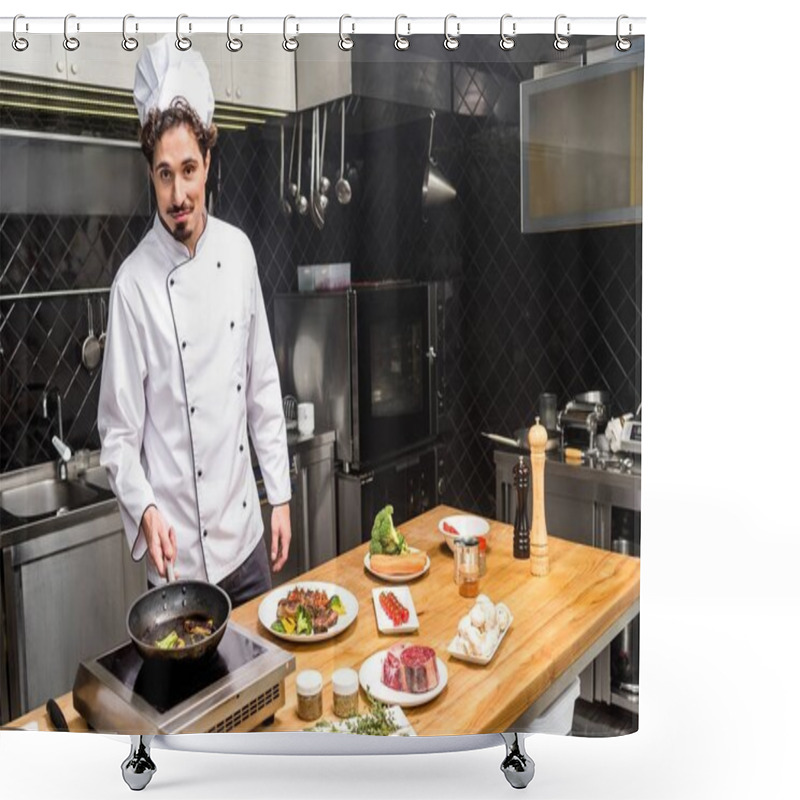 Personality  chef frying vegetables and looking at camera shower curtains