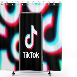 Personality  Smart Phone With TIK TOK Logo, Which Is A Popular Social Network On The Internet.United States, Canada, Wednesday, November 27, 2020 Shower Curtains