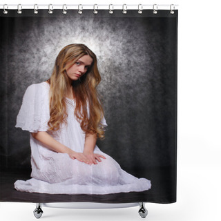Personality  Romantic Style Picture Young Beautiful Girl Dressed In White Shirt Tunic With Glory (halo) Shower Curtains