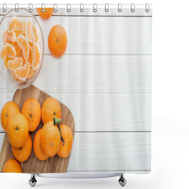 Personality  Top View Of Peeled Tangerine Slices In Glass Bowl And Whole Ripe Tangerines On Wooden Chopping Board  Shower Curtains