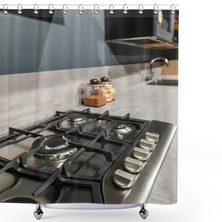 Personality  Interior Of Modern Kitchen With Metal Stove On Counter Shower Curtains