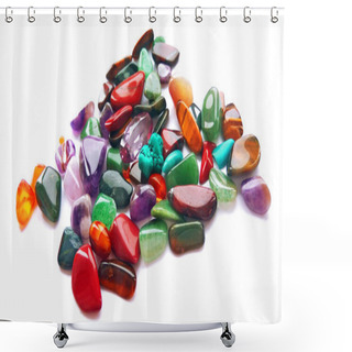Personality  Assorted Natural Bright Coloured Semi Precious Gemstones And Gems On White Background Shower Curtains