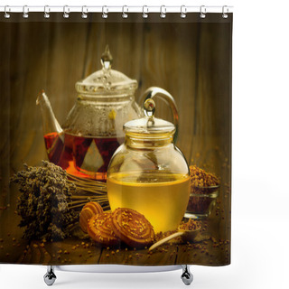 Personality  Teapot On A Brown Table Shower Curtains